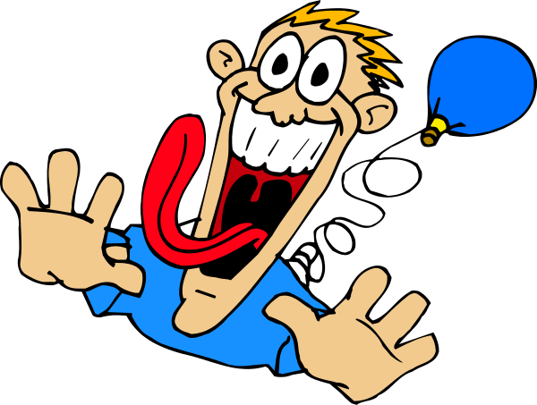The cartoon shows a man with an exaggeratedly large tongue sticking out of his mouth while he appears to be surprised by something off-screen; in front of him is a blue balloon floating upwards, and behind him there's another figure that seems to have been shocked or startled.