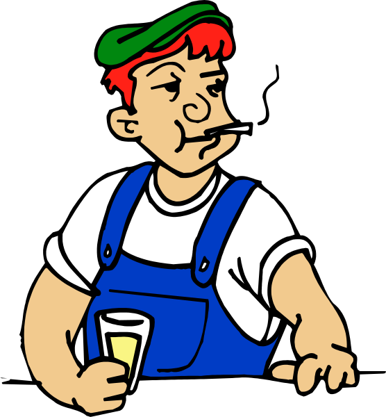 The cartoon depicts a man with red hair wearing an overalls jumpsuit holding a beer bottle while sitting at a bar counter in front of him is another person who appears to be smoking.