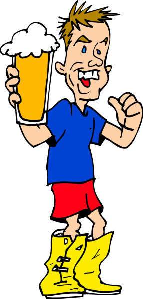 The cartoon shows a man holding up his finger with beer foam on it while wearing boots and standing next to an illustration of himself in shorts as if he's posing for a picture; both figures appear happy, suggesting a fun atmosphere likely at a pub or bar setting.