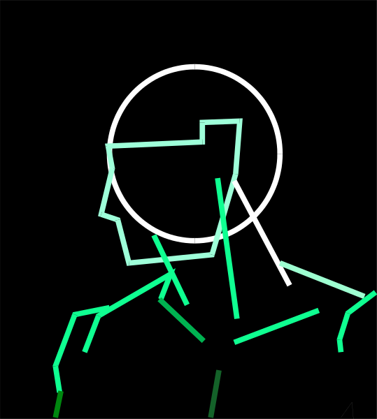 The image shows a black silhouette of an individual with green lines connecting various parts to form what appears like a circuit board pattern on their body against a dark background.