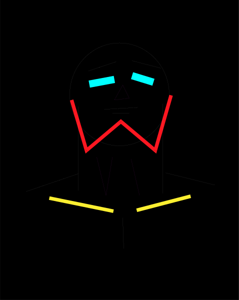 The image shows a black silhouette of an animated character with red eyes against a dark background.