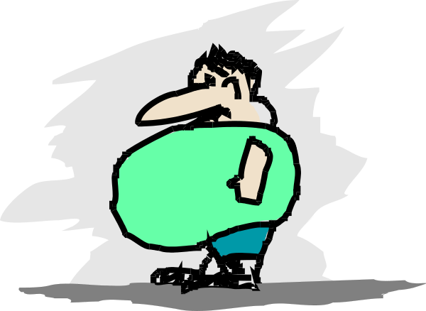 The image shows a cartoon of an overweight man running with his arms outstretched on what appears to be a dark background.