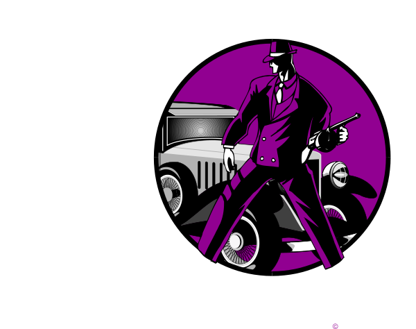 The image features a cartoon of an animated man dressed as James Bond standing next to his car with silhouettes of other cars in background; he is holding two guns crossed over each other while looking forward confidently, and there's text that reads "01" at bottom left corner.