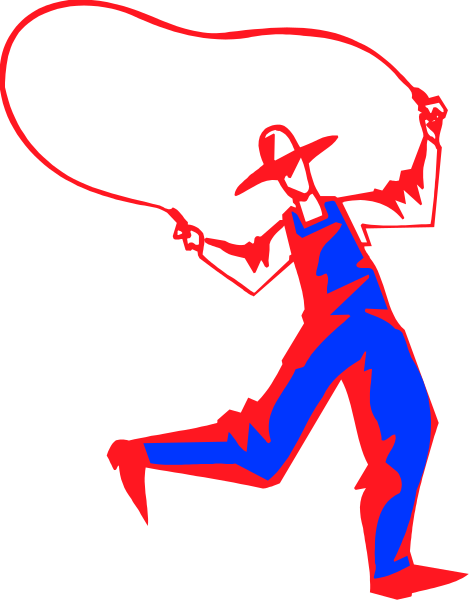 The image shows a cartoon of an animated man carrying a large bag on his back while walking forward with arms outstretched as if dancing; he is wearing blue overalls and has red shoes.
