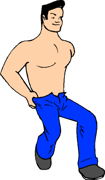 The image shows a cartoon of an animated man wearing blue jeans standing with his hands on hips against a dark background.