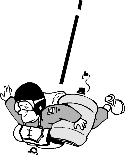 The black and white cartoon shows a person falling from an airplane with their arms outstretched for balance while wearing a parachute on their back.