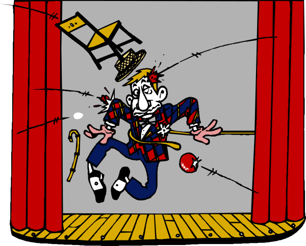 The cartoon depicts a man dressed as Abraham Lincoln performing on stage with his signature top hat and suit while holding an axe in one hand and throwing it at another figure who is also depicted wearing a similar outfit, but this time without any facial features; both figures appear to be interacting within the context of a theater setting.
