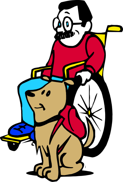 The cartoon shows a man riding an electric wheelchair with his dog standing on its hind legs behind him; both characters appear to be in motion outdoors during daylight hours.