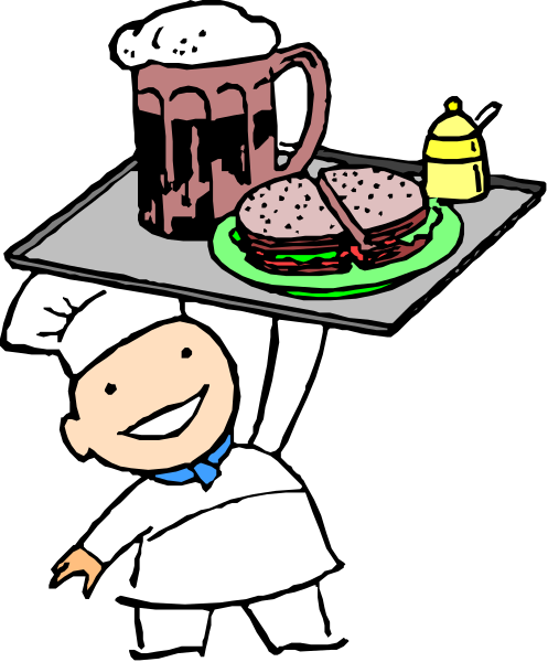 The cartoon shows a chef preparing food on top of an open oven door with various ingredients like sandwiches, beer mugs, bottles, bowls, and utensils around him; he is smiling at his creation while standing next to it all.