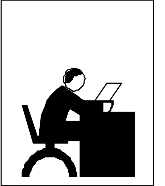 The black and white silhouette of a person sitting at an office desk with their hands on it as if typing into a computer keyboard in front of them.