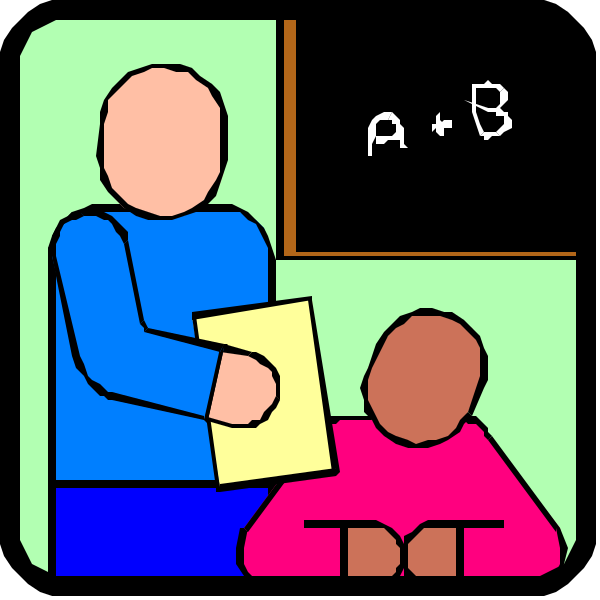 The image shows a classroom scene with an adult male teacher standing at the front of the room holding papers while addressing two students seated in desks; one student is looking up attentively towards him as he speaks, and another appears to be listening intently from behind his back.
