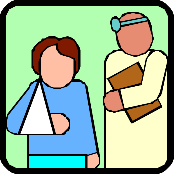 The image shows a comic strip with four panels featuring two characters: an older man wearing glasses who appears to be a doctor holding papers in his hands, standing next to another character whose head is bandaged; this second person seems injured and has crutches leaning against them while they hold what looks like a book or folder. The setting suggests the scene takes place at a medical facility with various pieces of equipment visible around them.
