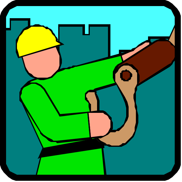 The image shows a sequence of two panels with an illustration of construction work: In panel 1) there is a person in green attire holding up what appears to be a large pipe; Panel 2) features another figure, possibly also wearing protective gear like hard hat and safety goggles, working on the same structure. The setting suggests outdoor urban environment with buildings visible behind them. There are no texts or additional elements present within this image that provide more context about their actions or location beyond what is described above.
