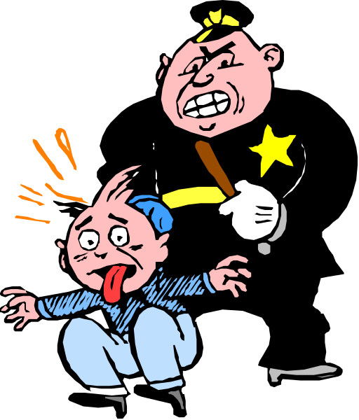 The cartoon shows a boy with his tongue sticking out being kicked by an adult figure who is holding a baseball bat over him; both characters appear to be in distress as indicated by their facial expressions.