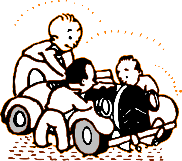 The black and white cartoon shows a group of three animated characters inside an old car with two wheels visible; there is no text present in this image.