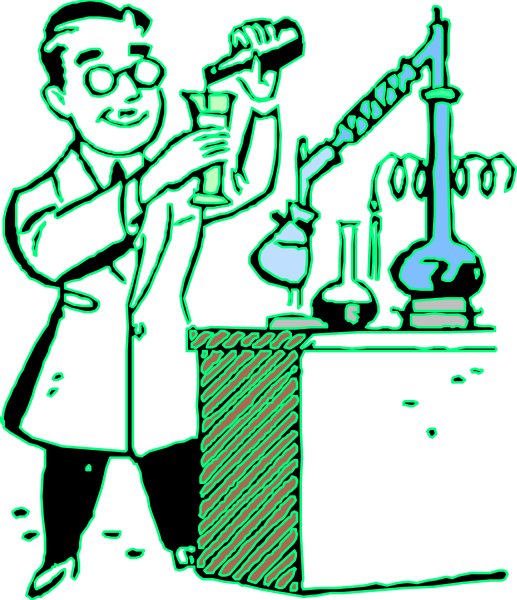 The illustration depicts a scientist standing at his workstation with various lab equipment around him; he is holding test tubes in both hands while looking downward towards them.