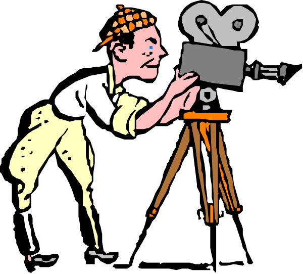 The black and white cartoon shows a man taking pictures with an old camera on top of a tripod while another person looks at him from behind; both characters appear to be in motion as if walking past each other, creating a sense of movement within stillness.