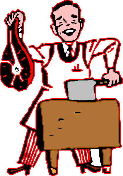 The cartoon shows a chef with an exaggeratedly large head holding up his hat while standing next to a table where he is preparing food in what appears to be a kitchen environment.