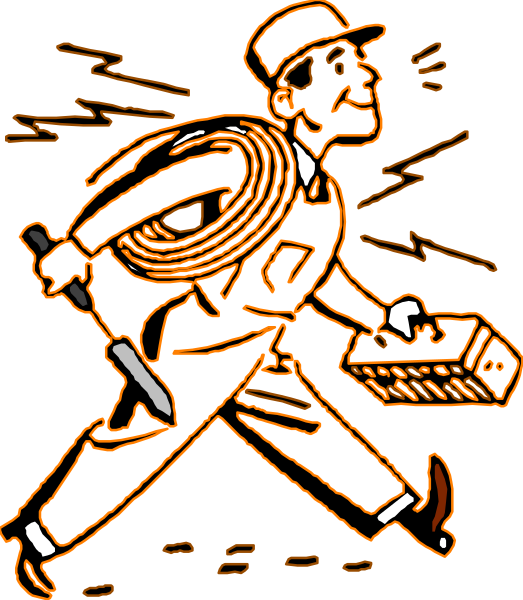 The black and white illustration depicts a man running with an electrical wire wrapped around his body; he is carrying two boxes in each hand while wearing shoes on one foot only.