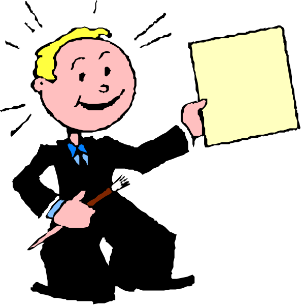 The cartoon shows a man holding up an index card with his left hand while standing on what appears to be a stage; he is wearing glasses and has dark hair. He's dressed in formal attire, including a suit jacket over a shirt that isn't fully visible due to the angle of view. His right arm rests at his side, holding nothing but suggesting an air of confidence or authority. The background behind him is black with no distinguishable features other than being dark and unadorned.