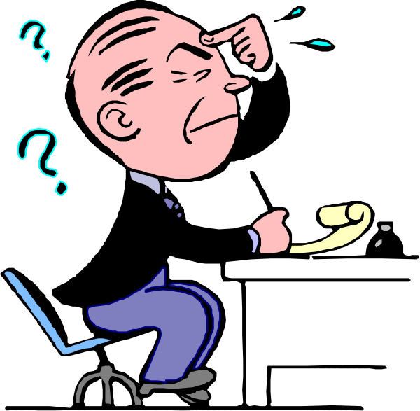 The cartoon shows a man with his hand on his head looking puzzled while standing next to an open book that has question marks in it; he is wearing glasses and holding what appears to be a magnifying glass, suggesting curiosity or investigation.