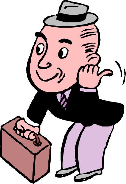 The cartoon shows a man with balding hair wearing glasses holding his hat while looking to the side; he is standing next to an open briefcase filled with papers on what appears to be a dark background.