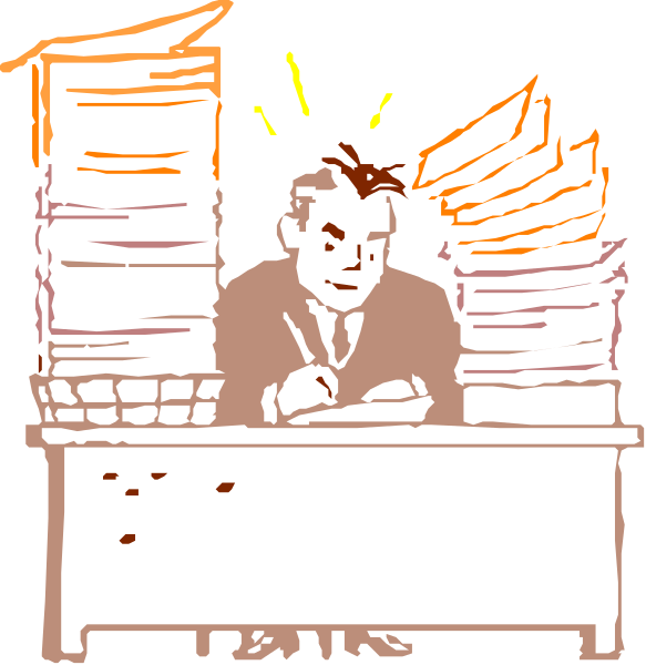 The illustration shows a person sitting at an office desk with their head resting on top of it; behind them is a stack of papers that appears to be overflowing from file trays onto shelves above. There's also another image within this one, depicting what seems like the same scene but in black and white, where the individual has dark hair instead of being bald or wearing glasses as they are here.