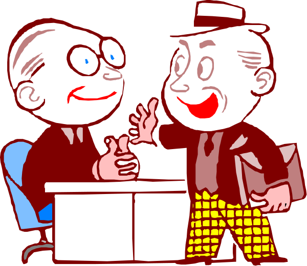 The cartoon shows three animated characters: a man with glasses sitting at his desk shaking hands across from another character who is standing up; there's also an additional figure in between them that appears to be waving, and all of this takes place within what looks like an office setting.