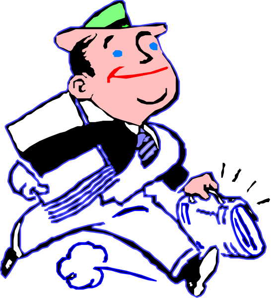 The cartoon depicts a man dressed as an insurance salesman riding on top of his briefcase while holding onto it with one hand.
