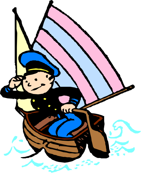 The cartoon depicts a sailor on an old boat with waves around it; he is holding onto his hat as if in motion due to windy conditions at sea.