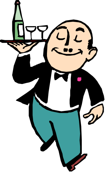The cartoon shows a man holding up his finger while standing next to an open bottle of wine on top of what appears to be a table in front of him; he is wearing a suit with no tie visible, and there's another figure that seems like it could represent someone else or something abstract behind the main character.