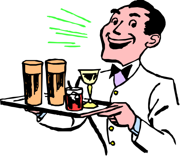 The cartoon shows a man sitting at a table with two glasses of beer on it; he is smiling broadly while looking to his right where there's another person who appears surprised by something off-frame, and behind him hang green speech bubbles containing text that seems unrelated to the scene.