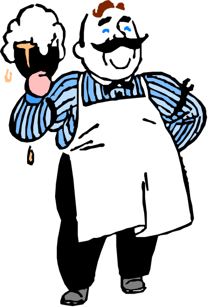 The image shows a cartoon of an overweight man with exaggerated facial features standing next to what appears to be a refrigerator in his kitchen; he is wearing striped pajamas and holding a can opener, suggesting that it might depict him preparing food or opening something from the fridge.
