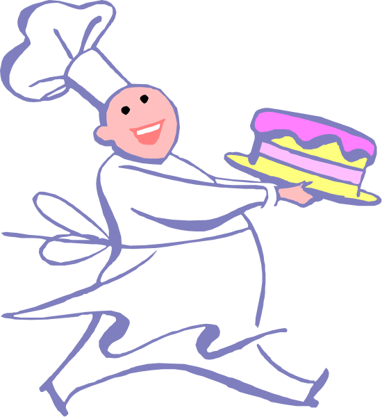The cartoon depicts a chef holding up a cake with pink icing on it while running towards an oven door that is open to reveal another similar-looking cake inside. There's no text present in this image, and all elements appear stationary without any actions taking place. This scene seems to be set within the confines of a kitchen or bakery environment where baking activities are likely occurring.