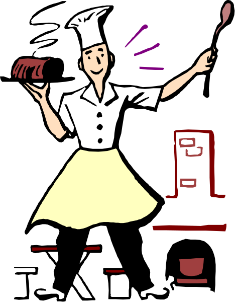 The illustration shows a cartoon of an animated woman dressed as a chef holding up her hands with surprise on her face while standing next to what appears to be a large oven in front of which is a sign that reads "Bakery."