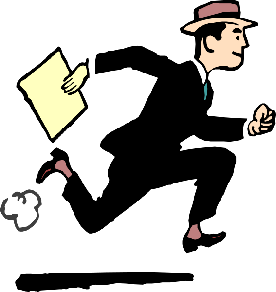 The image shows a black and white cartoon of two characters: on the left is an animated man running with papers clutched in his hand; he's wearing a fedora hat and has one foot raised as if mid-stride, while holding what appears to be documents or files under his arm. On the right side there are three smaller images within this frame showing different poses of the same character: 1) standing with hands on hips in front of papers; 2) walking away from a desk and looking back over shoulder at it as if just left an office setting, holding