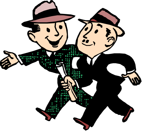 The image shows a black and white cartoon of two men dressed as detectives with exaggerated features such as large noses and mustaches; one man is pointing to something off-frame while holding what appears to be an envelope, suggesting he's passing information or evidence over to the other detective.