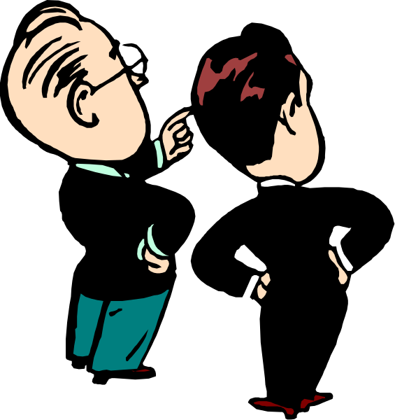 The cartoon shows two characters standing close to each other; a man with glasses is pointing at another person who appears surprised by his gesture.