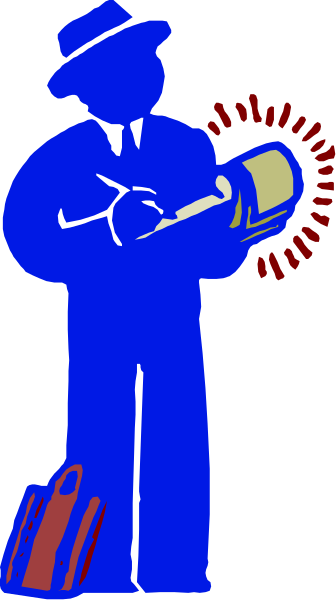 The image shows a blue silhouette of an adult figure holding up what appears to be a red object with both hands in front of them against a gray background.