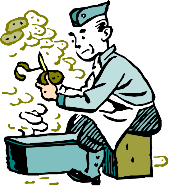 The black and white illustration shows a baker with an open oven door holding out food items to customers while standing next to boxes of goods on display in what appears to be a storefront window.