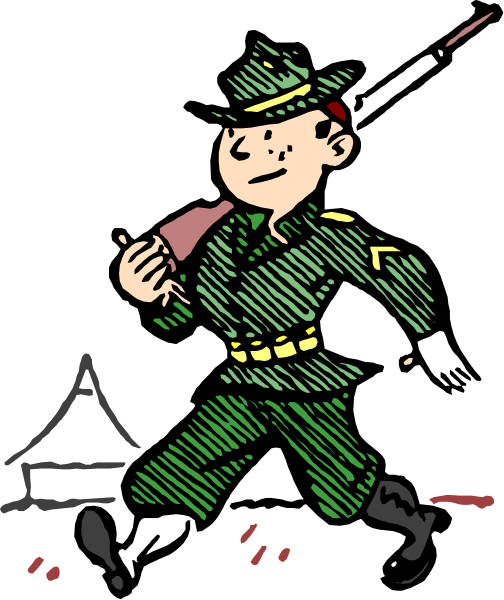 The cartoon depicts a soldier running with his rifle slung over shoulder towards an unseen destination under what appears to be nighttime conditions in front of silhouetted trees against a dark sky background.