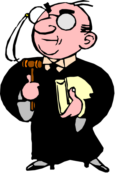 The cartoon shows a man holding an object that resembles a gavel over his shoulder while looking down at it with one hand on top of another in front of him as if he's about to use it, and there is text above him reading "Judge."