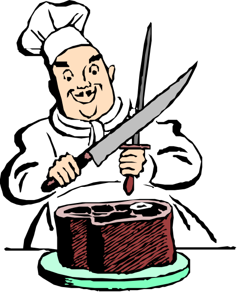 The cartoon depicts a chef cutting into an oversized roast on top of a cake with his hands holding knives in each hand while he is standing next to it.