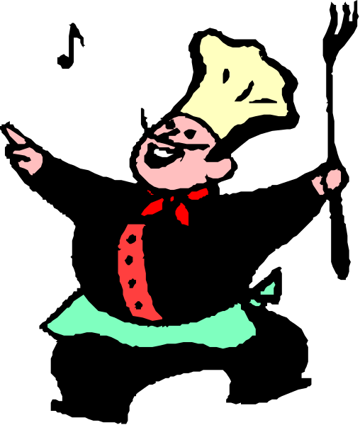 The cartoon shows a chef with exaggerated features performing an action pose while holding his hat to his chest; he is wearing red shoes and has black hair styled in spikes on top of his head.