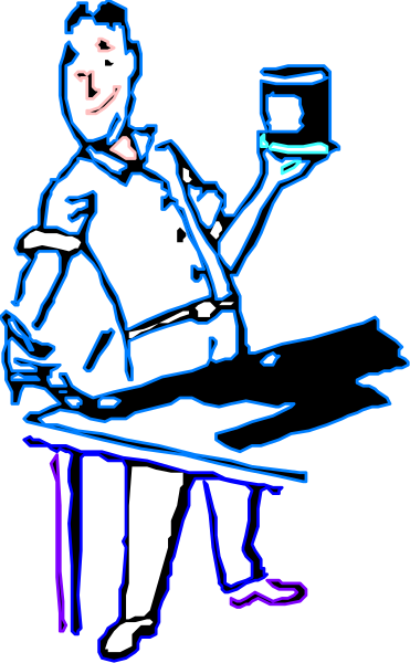The image shows a cartoon of an animated character standing behind a desk with papers on it; there is also another figure in front holding what appears to be a cup.