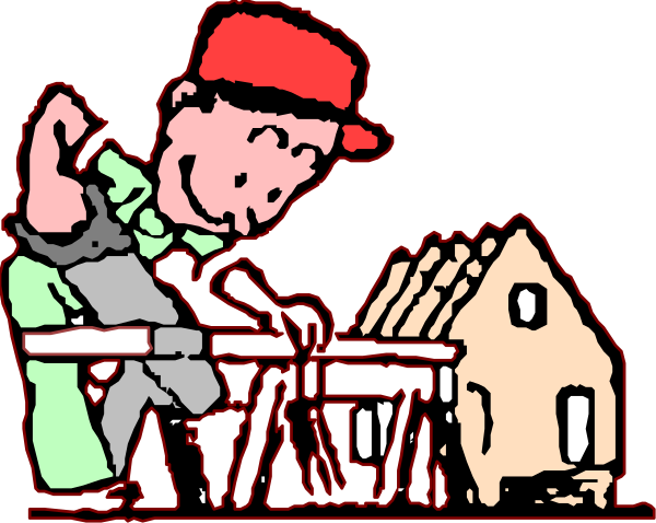 The image shows a cartoon of two men working on construction: One man is using an axe to cut wood while another stands nearby with tools in hand; there's also a house under repair behind them, and it appears that one person has just finished hammering nails into the wall as they look at their work.