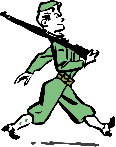 The black and white illustration shows a soldier running with his rifle slung over his shoulder against an unseen background.