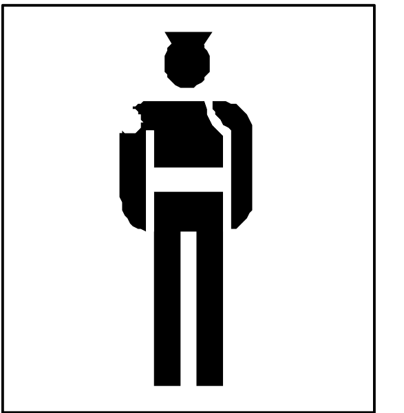 The image shows a black and white sign with two different symbols: on top is an icon of a person wearing what appears to be police gear; below it is another symbol depicting someone in uniform holding a rifle, suggesting military attire.