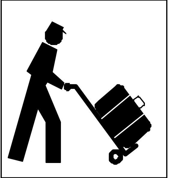 The image shows a black silhouette of an individual pushing luggage on wheels with their right hand while holding onto it with both hands in front of them using their left arm.