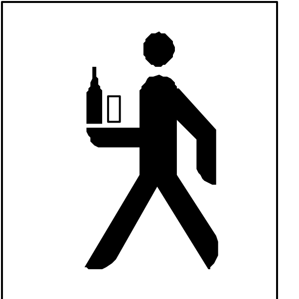 The image shows a black silhouette of an adult male figure walking with his right arm extended forward while holding what appears to be a tray in both hands; he is carrying items on this tray that include two bottles and possibly other objects, but it's not clear from here if they are indeed drinks or something else. The man has short hair and seems to have facial features like eyes, nose, mouth, etc., which suggests the image might be a stylized representation of an adult male figure rather than a real person; he is wearing what looks like casual clothing but it's not